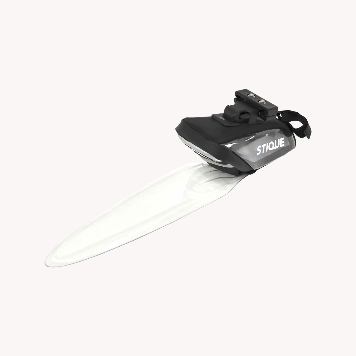 Black Stique SaddleGuard bike saddle bag with attached clear mudguard, isolated on white background