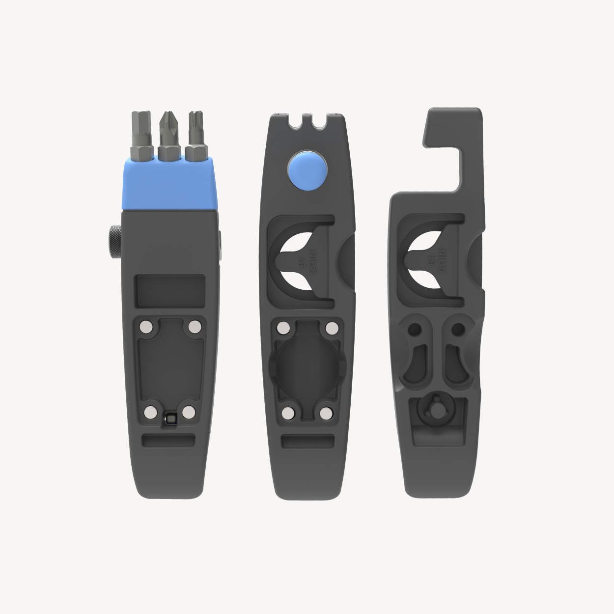 Three-part ML125 bike multi tool separated to show chain-breaker, tool-bit holder, spoke wrench and coin slot features