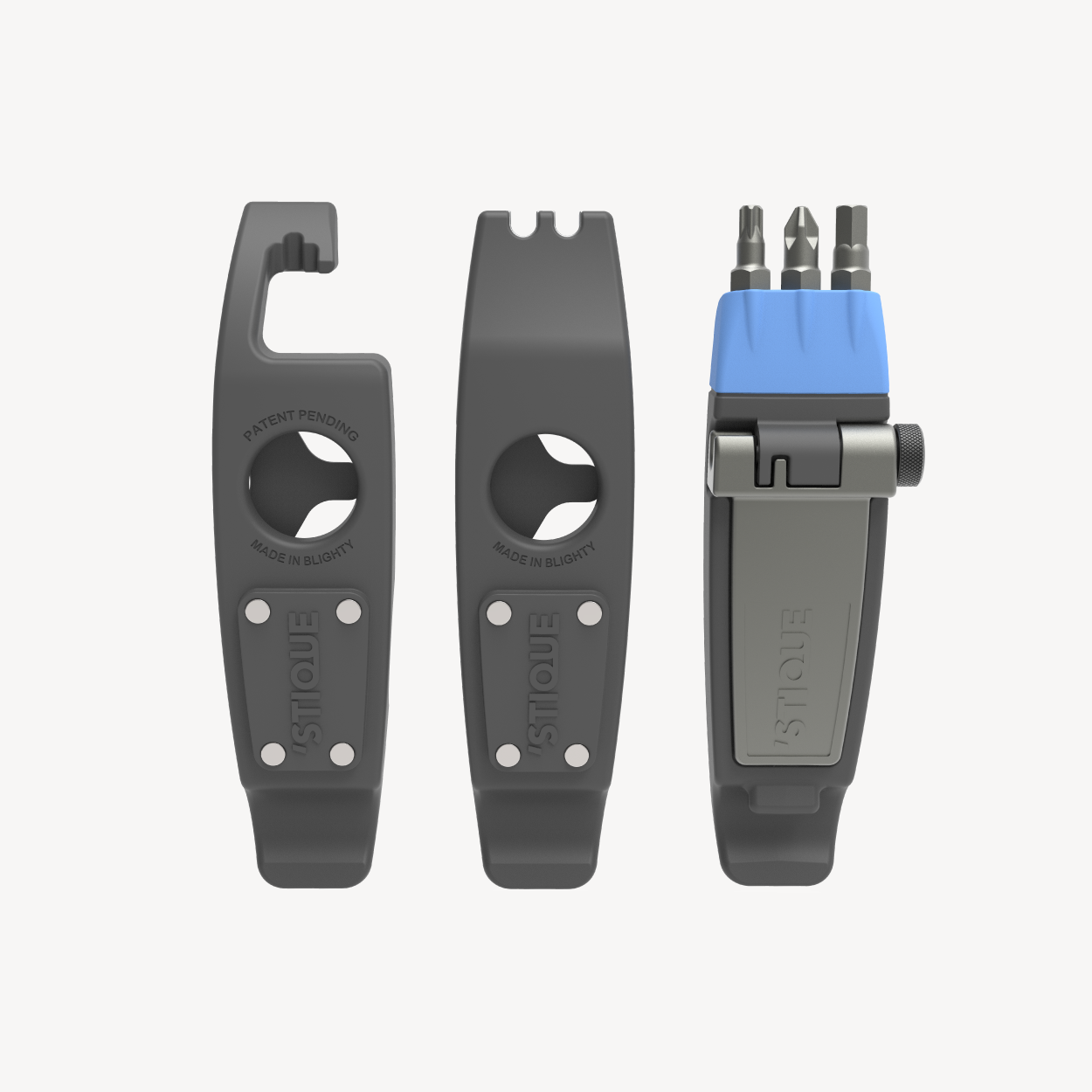 Top-down view of ML125 multi tool parts, including tyre lever, magnetic tool-bit holder and interchangeable bits