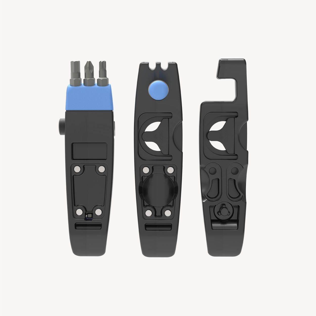ML125CF carbon-fibre multi tool shown disassembled from bottom-up view with visible tool features and inserts
