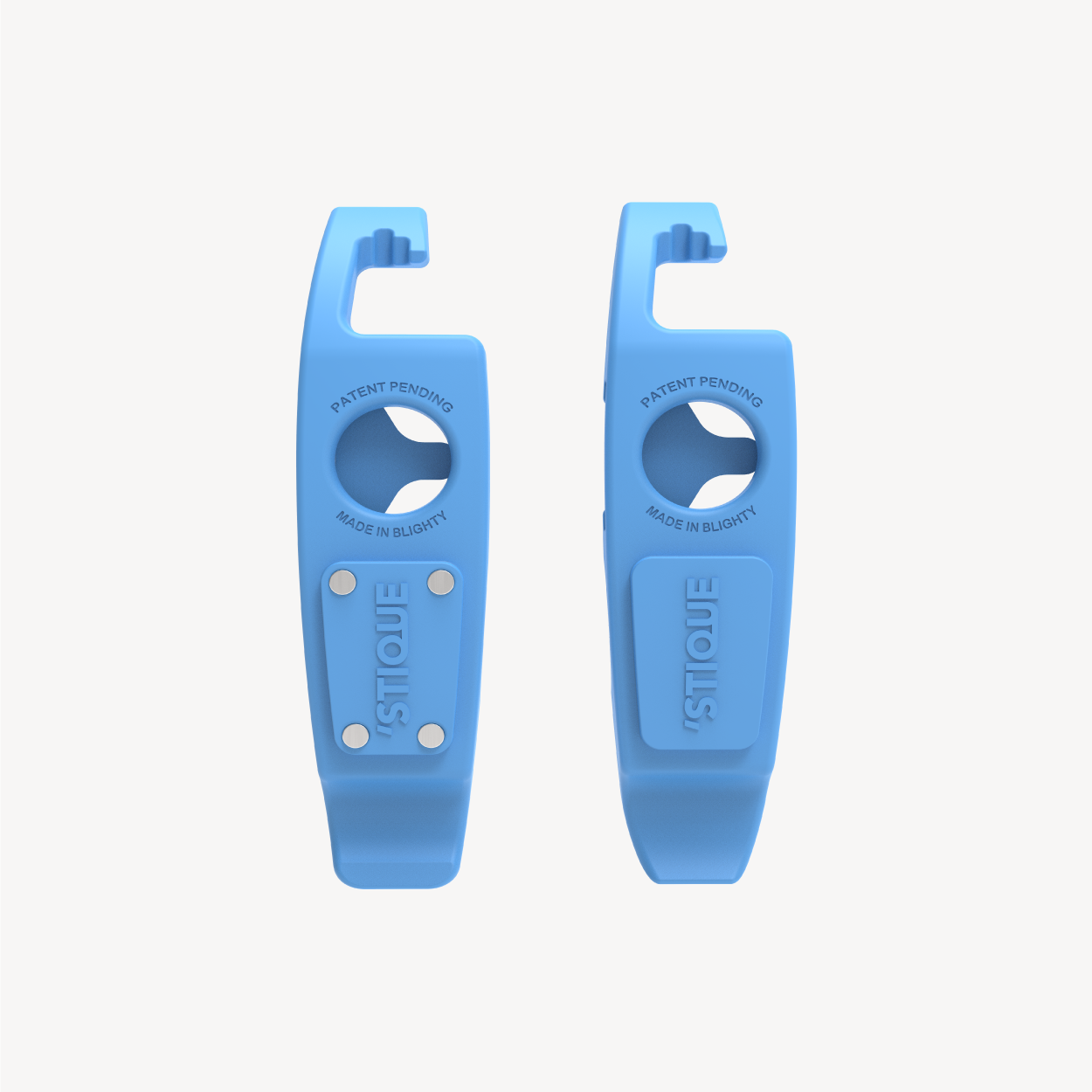 Top-down view of ML14 blue bike tyre levers shown apart to highlight design and features