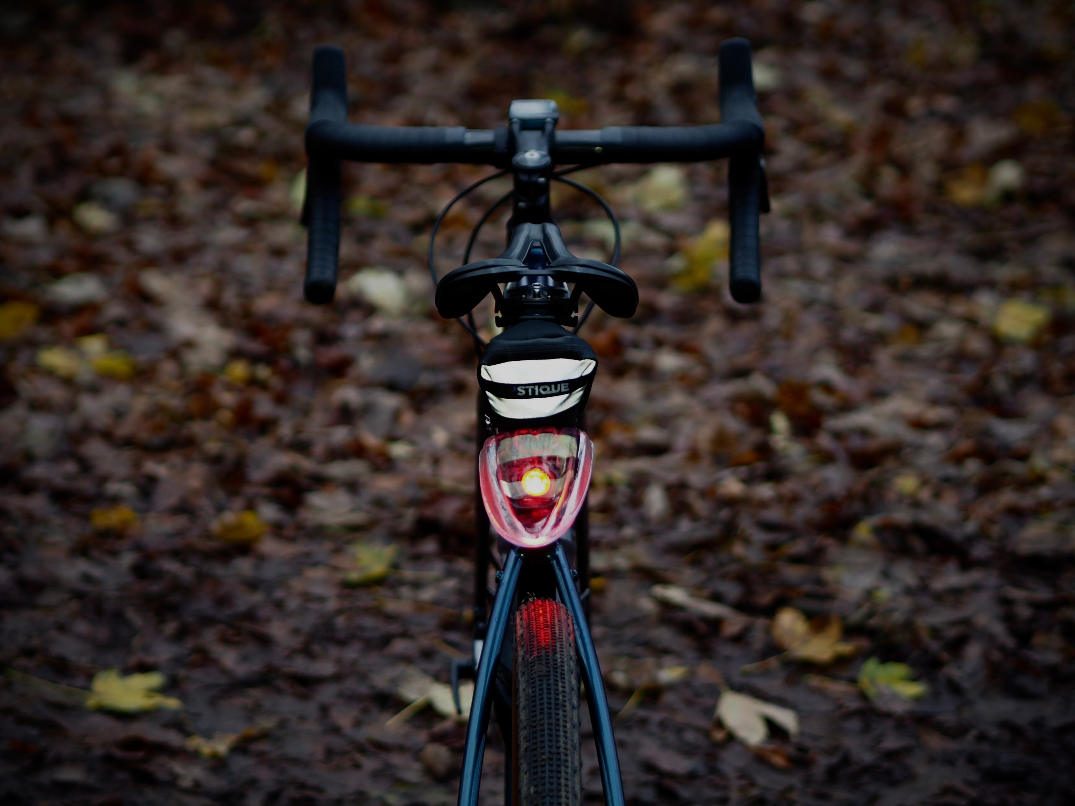 Rear view of a road bike with the Stique SaddleGuard saddle bag and mudguard installed, shown with rear light in forest setting